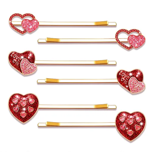 Miniatura 9 de Horquillas de corazón para el día de San Valentín para mujer, esmalte con purpurina y diamantes de imitación, pinzas para el cabello, pasadores