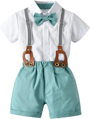 Conjunto de traje de caballero de manga corta para bebé niño con corbatín + pantalones cortos con tirantes y pantalones cortos para bautizo festivo