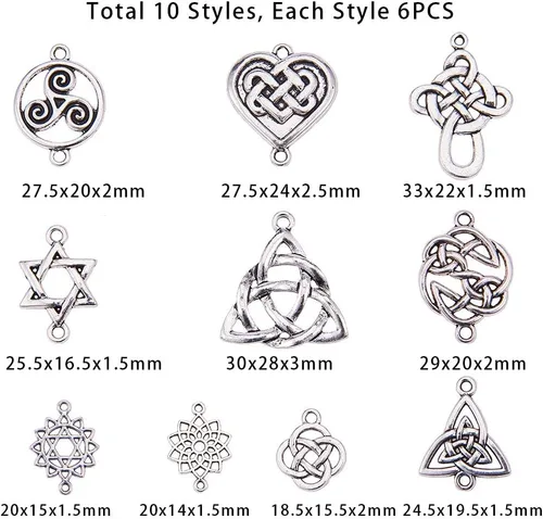 Miniatura 2 de SUNNYCLUE 60 piezas de dijes de conexión de nudo celta, plata antigua, irlandesa, flor wicca, buena suerte, triángulo, corazón, amor, nudos