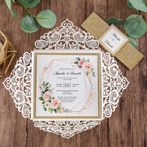 Miniatura 3 de Tarjetas de invitaciones de boda cuadradas de 6.3 x 6.3 pulgadas, corte calado mediante láser, diseño floral, con banda dorada y sobres blancos
