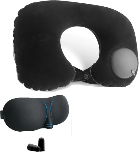 Miniatura 12 de Set de Viaje Portátil para Dormir en Avión, 2 Almohadas Inflables de Viaje, Reposapiés Tipo Hamaca, Máscara para los Ojos y Tapones para los Oídos