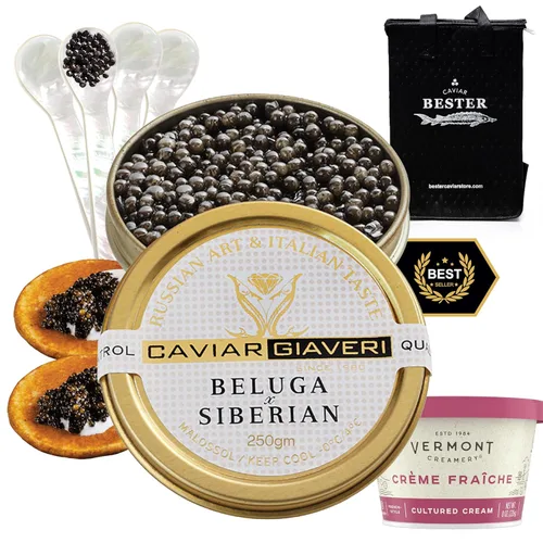 Royal Beluga Hybrid Sturgeon Black Caviar Gift Set 8.8oz/250g de Italia, clasificado como el mejor caviar negro del mundo, colección de lujo