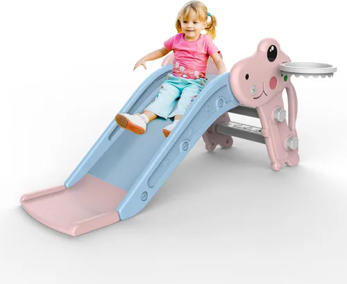 Miniatura 7 de Tobogán para niños pequeños, juego de tobogán para niños pequeños para interiores y exteriores con pelota y aro, y pasos antideslizantes, regalo