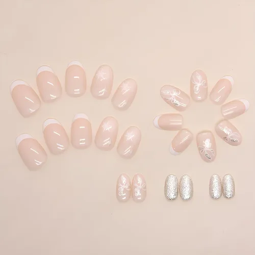Miniatura 3 de Uñas postizas a presión de Navidad, cortas, medianas, almendra, arco de copo de nieve francés, juego de uñas postizas acrílicas de cobertura