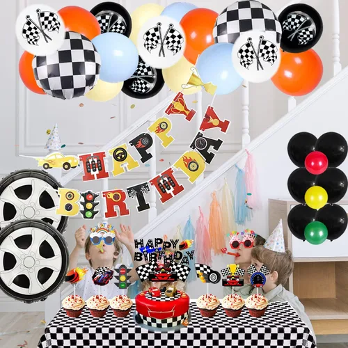 Miniatura 3 de Dos globos para decoración de fiesta de cumpleaños de autos de carreras rápidas, globos rojos y decoración de tartas, estrellas a cuadros negros