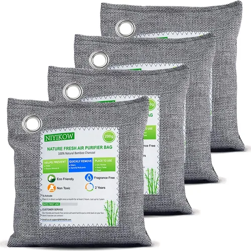 NIYIKOW Bolsas de carbón absorbente de olores (tamaño grande, 4 unidades x 7.05 onzas), bolsas purificadoras de aire de carbón de bambú fresco,