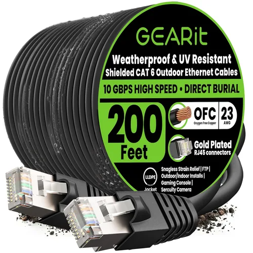 GEARit - Cable Ethernet Cat6 para exteriores (60 m) 23AWG de cobre puro, FTP, LLDPE, impermeable, entierro directo, en tierra, resistente a UV, POE,