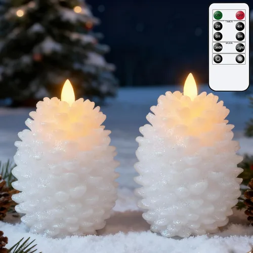 Miniatura 15 de Eldnacele Velas sin llama con cono de pino que funcionan con pilas con temporizador de 6 horas, sin perfume, cera real, mecha plana, piña