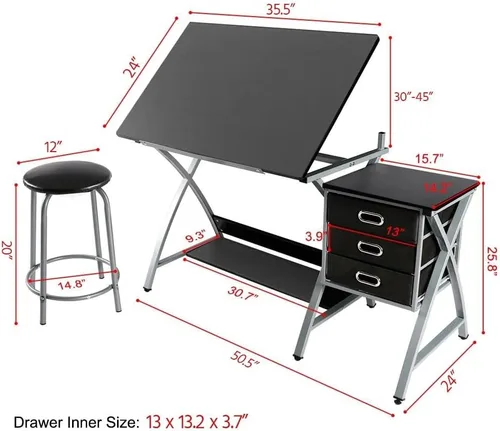 Miniatura 2 de Yaheetech Escritorio de dibujo, mesa de dibujo para artistas/adultos, escritorio de arte con taburete y 3 cajones deslizantes, estación de trabajo