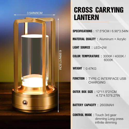 Miniatura 5 de Lámpara de mesa portátil de metal, lámpara de mesa inalámbrica, luces recargables alimentadas por batería, lámparas de mesa LED, atenuación continua