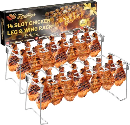 Triceratops 2 paquetes de rejilla para parrilla, estante para patas y alas de pollo, soporte de asador de acero inoxidable con 14 ranuras para