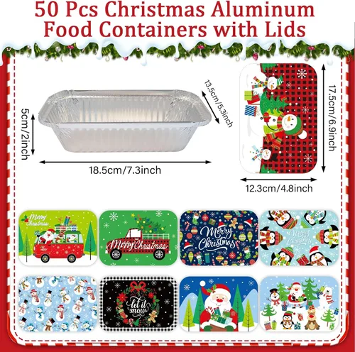 Miniatura 4 de 50 recipientes de aluminio para galletas de Navidad, con tapas, desechables con cubiertas de cartón con temática navideña, moldes para hornear