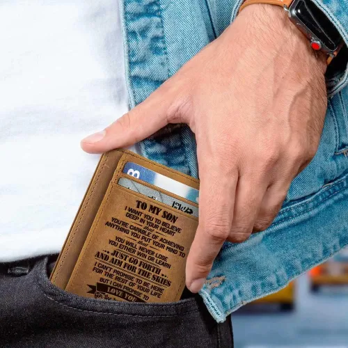 Miniatura 3 de Cartera de cuero para hombre Grabado regalo de Navidad y graduación para hijo, cartera delgada con bolsillo frontal, DX-VL3K-MZ9M, Minimalista