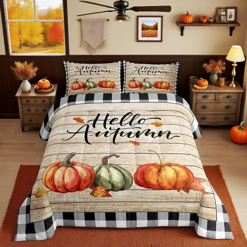 Miniatura 27 de Castle Fairy Juego de edredón de otoño con temática de Acción de Gracias, tamaño individual, juego de ropa de cama de calabaza, girasol, pavo
