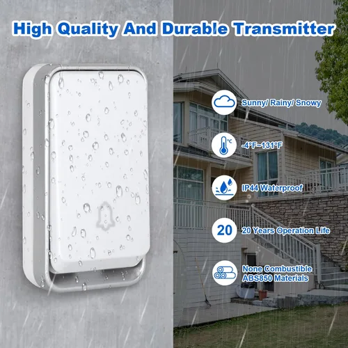 Miniatura 4 de AURTEC Timbre inalámbrico impermeable, transmisor autoalimentado, no requiere batería, receptor de flash LED enchufable, kit de timbre de puerta