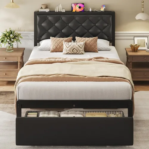 Miniatura 10 de Fluest - Base de cama tamaño Queen con 2 cajones de almacenamiento, cabecero tapizado con botones y estación de carga, no necesita somier, libre