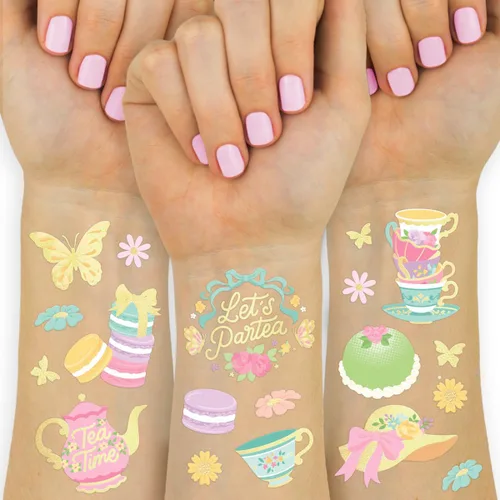 xo, Fetti Tatuajes temporales para fiesta de té - 48 estilos de purpurina | Suministros para fiesta de cumpleaños Partea, tetera de té, cupcakes,