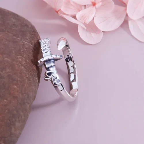 Miniatura 4 de Helen de Lete Anillo ajustable de plata de ley 925 con espada vintage para hombre, Plata de ley