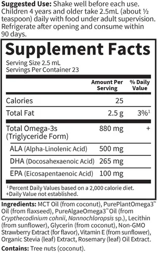 Miniatura 5 de Garden of Life Kids Plant Omega-3 Liquid, fresa - Soporte vegano para el cerebro y los ojos para niños, suplemento de ALA, DHA y EPA para niños a