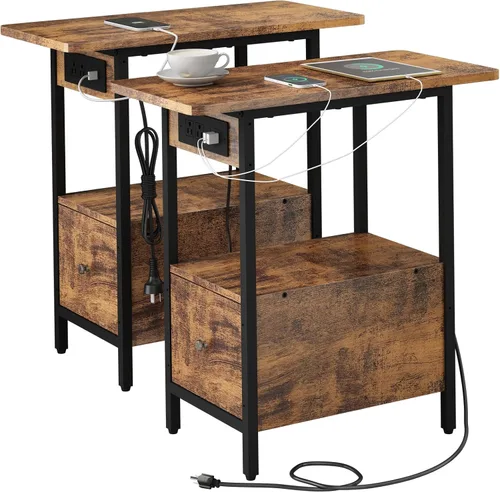 Miniatura 10 de LIDYUK Mesa auxiliar con estación de carga, mesa auxiliar estrecha con cajón, puertos USB y tomas de corriente, mesita de noche para espacios Negro
