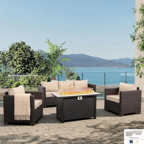 Rattan Star - Juegos de muebles de exterior para patio, sofá de patio, sillas al aire libre, 50000 BTU, fogata de propano, juego de 4 piezas, mesa