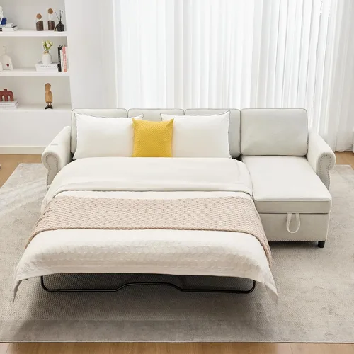 Miniatura 2 de 106" L Shaped Pull Out Sofa Bed, Modern Modular 4 Seater Storage Couch, 2-in-1 Sleeper Sofa Bed with Reversible Chaise and Wireless&USB Ports