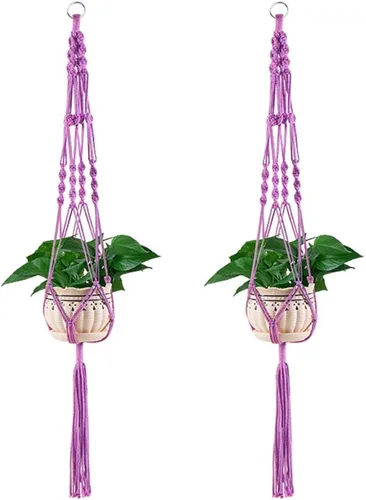 Vpang - Paquete de 2 colgadores coloridos de algodón macramé para plantas, cesta colgante para interiores y exteriores, cesta para maceta, Púrpura