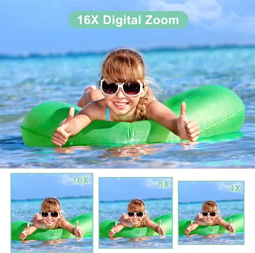 Miniatura 3 de Cámara digital FHD 1080P para niños, tarjeta SD de 32 GB, zoom 16X, punto y disparo compacto, portátil (verde)