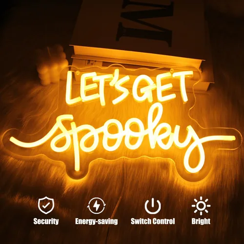 Miniatura 2 de Letreros de neón con texto en inglés "Let's Get Spooky", letrero de neón para Halloween, letras amarillas, luces de neón espeluznantes para pared