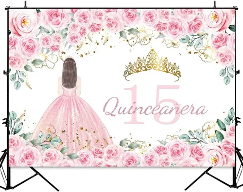 Miniatura 2 de Sensfun Telón de fondo de quinceañera con texto en inglés "Mis Quince Anos", decoración de cumpleaños de 15 años, flores rosadas, corona dorada