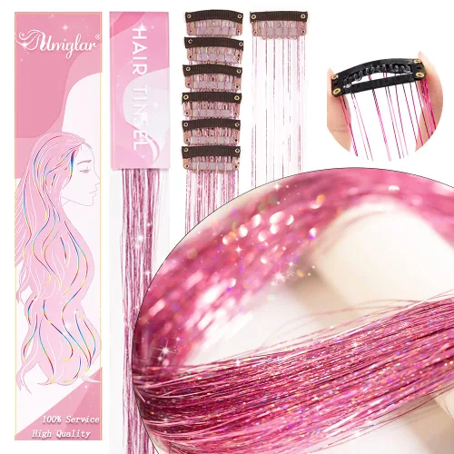 Miniatura 2 de Paquete de 12 extensiones de cabello de oropel rosa con clip, 20 pulgadas, con purpurina, extensiones de cabello de oropel con purpurina