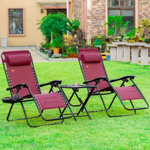 Miniatura 2 de Outsunny Juego de sillas Zero Gravity con mesa auxiliar, silla reclinable plegable con portavasos y almohadas, sillas de salón ajustables para Rojo