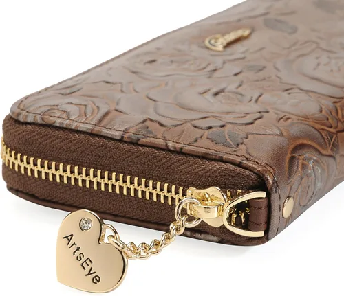 Miniatura 8 de ArtsEye Cartera larga con cremallera alrededor de cuero genuino en relieve rosa, Gris