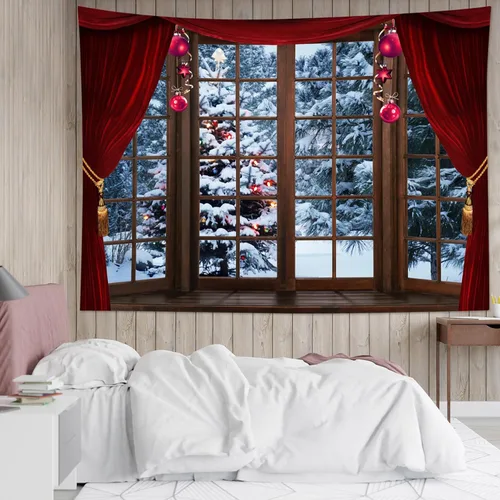 Miniatura 14 de LB Tapiz de Navidad de invierno, ventana de invierno exterior, pino nevado en bosque, tapiz de pared para dormitorio, paisaje de montaña, arte