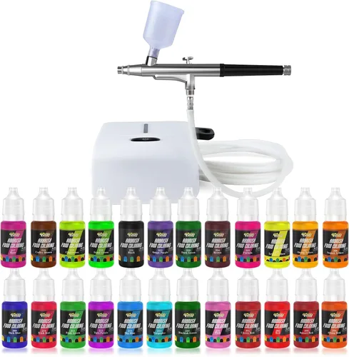 Kit de decoración de aerógrafo para tartas con compresor: kit de aerógrafo para galletas Futebo con 24 colores vivos para alimentos líquidos,