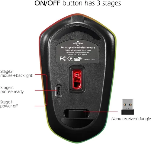 Miniatura 7 de Ratón inalámbrico recargable, retroiluminado alimentado por batería de polímero de litio, sensor óptico, receptor Nano USB, velocidad DPI de 3