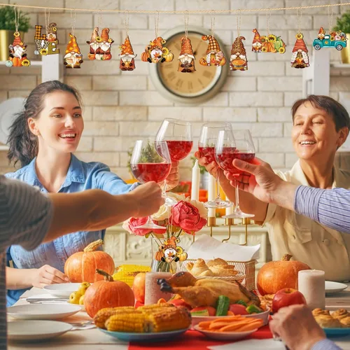 Miniatura 5 de FairySandy 36 piezas de decoración y adornos de árbol de otoño, gnomos de Acción de Gracias, adornos colgantes de madera, calabazas, hojas, flores