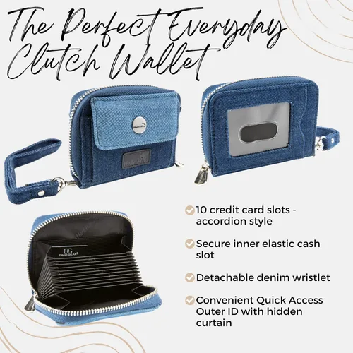 Miniatura 3 de Cartera de cuero RFID tarjeta de efectivo moneda embrague acordeón para mujer, Mezclilla azul, Denim