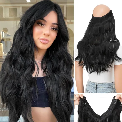 Miniatura 8 de Extensiones de cabello de alambre transparente invisible con 3 clips seguros, diadema ajustable, tamaño ondulado, rizado, largo, sintético