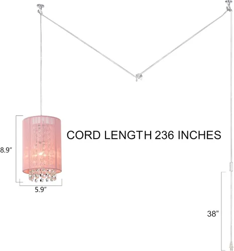 Miniatura 6 de Candelabro pequeño enchufable con 1 luz colgante, lámpara colgante de cristal rosa para dormitorio de niñas