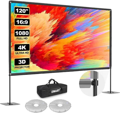 EMART Pantalla de proyector para exteriores con soporte, soporte de proyector portátil de 120 pulgadas para interiores con base plana resistente,