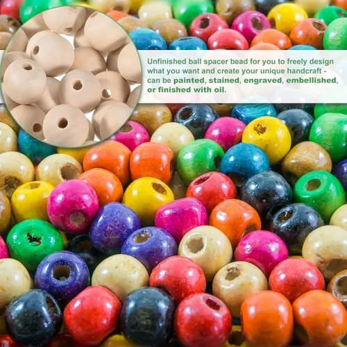 Miniatura 5 de uxcell 60 cuentas espaciadoras de madera natural de 0.98 pulgadas (0.984 in), agujero grande sin acabar, cuentas de madera redondas sin terminar