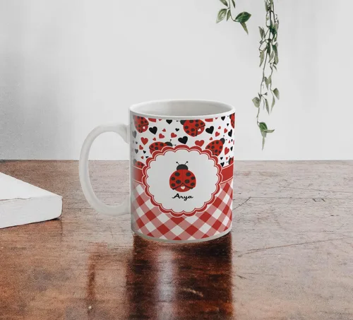 Miniatura 4 de Taza de café personalizada Ladybugs & Gingham de 11 onzas, color blanco