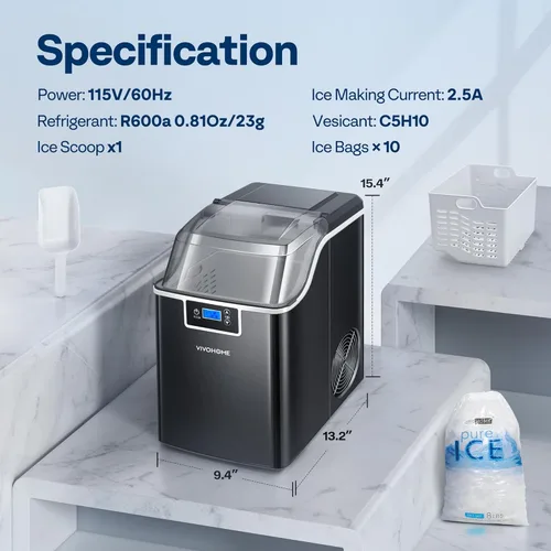 Miniatura 7 de VIVOHOME - Fabricador de hielo para encimera, máquina portátil de hielo con 44 libras al día, máquina de hielo blando masticable con autolimpieza