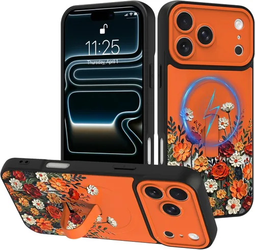 Miniatura 116 de Funda diseñada para iPhone 17 Pro Max con soporte plegable y correa para dedos, bonito patrón de lazo de corazón de flor rosa para mujeres y niñas
