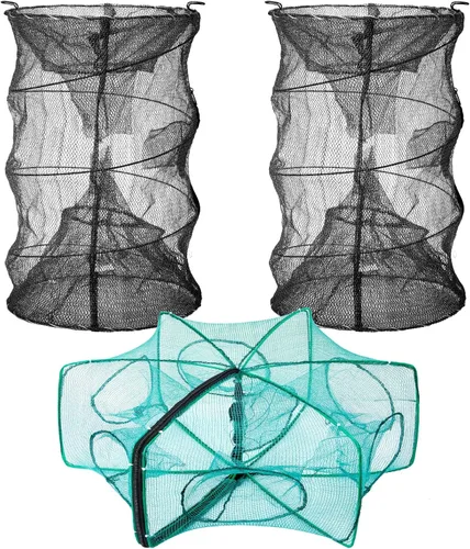 Woanger 3 trampas de minnow, incluye 2 trampas de cebo de pesca, 1 trampa cilíndrica hexagonal para cangrejos para cangrejos, redes plegables de
