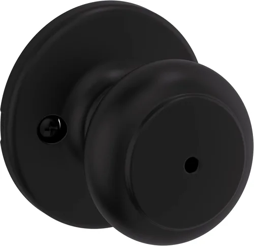 Kwikset Cove - Pomo de puerta de privacidad interior con cerradura, manija de puerta para baño y dormitorio, pomo de puerta negro mate con cerradura