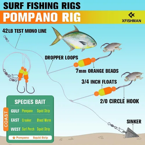 Miniatura 2 de Aparejos Pompano para Pesca de Surf en Agua Salada con Gancho de Doble Círculo y Espacio Amplio - Juego de 6 Accesorios de Pesca de Surf