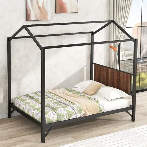 Miniatura 11 de Cama de metal simple con base de tablillas, cama de plataforma tamaño Queen con techo y cabecero, para niños, adolescentes, niños, niñas, uso