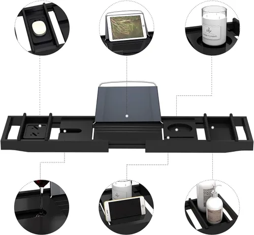 Miniatura 6 de Domax - Bandeja para tina de bambú extensible para baño de lujo, con soporte para libros y jabonera separada, color negro